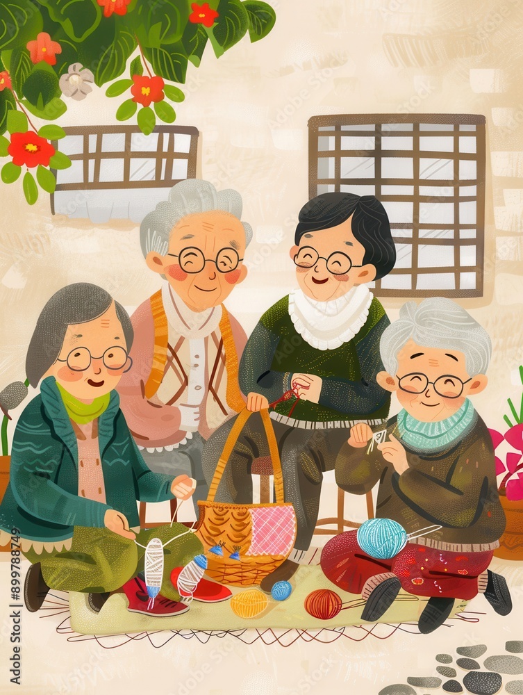 Poster a group of elderly individuals collaborates on knitting and sewing, sharing skills and enjoying each