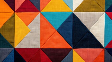 Fototapeta premium Colorful geometric patchwork design featuring various triangles in vibrant hues, perfect for textile or craft projects.