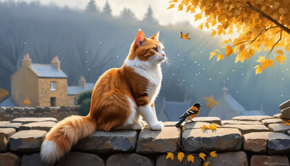 Autumnal Cat and Bird