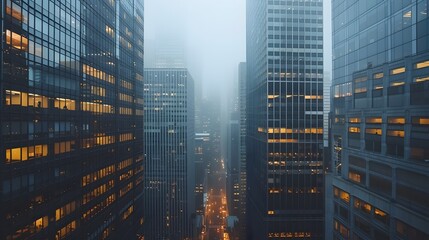 Majestic Cityscape with Illuminated Skyscrapers and Transparent Glass Facades