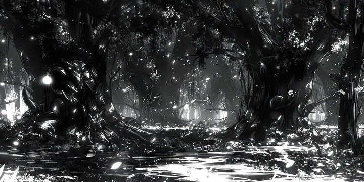 The Forbidden Forest of Walhall: A dense woodland shrouded in mist, where strange lights flicker in the distance