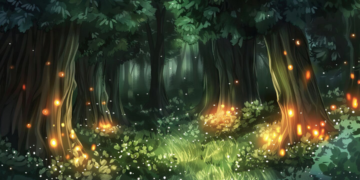 The Forbidden Forest of Walhall: A dense woodland shrouded in mist, where strange lights flicker in the distance