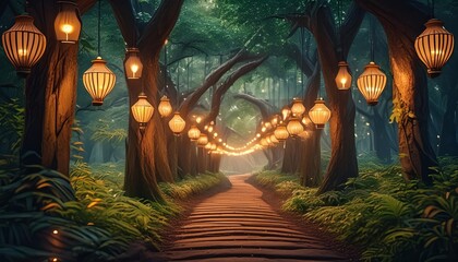 Fototapeta premium A winding path lit by lanterns leads through a mystical forest