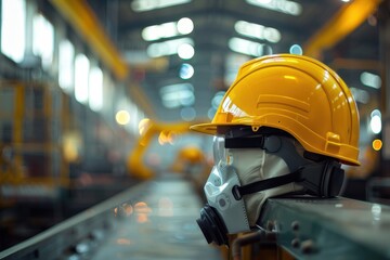 Fototapeta premium A yellow hard hat placed in an industrial environment.