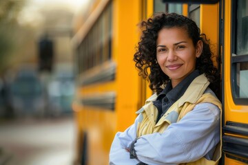 A confident female school bus driver standing next to her yellow bus.