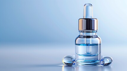 Closeup of glass dropper bottle with serum on blue background.