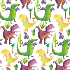 A pattern with cute dinosaurs, cacti.