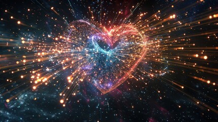 A glowing heart-shaped galaxy of light bursts from a dark void.