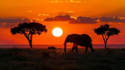 Fototapeta premium Majestic Elephant Silhouette Against a Fiery African Sunset
