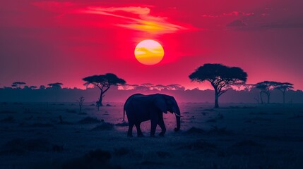 Fototapeta premium Majestic Elephant Silhouette Against a Fiery African Sunset