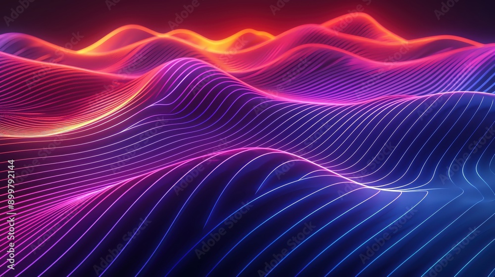 Poster vibrant wave patterns illuminated with neon colors, creating a dynamic and immersive abstract landsc