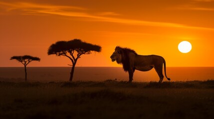 Fototapeta premium Majestic Lion Silhouette Against a Fiery African Sunset