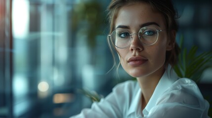Obraz premium A Close-Up Portrait of a Young Woman in Glasses