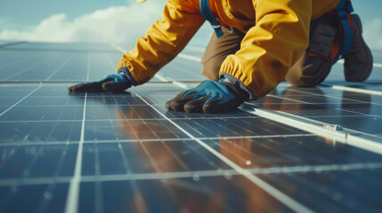 Renewable energy technicians installing solar panels on a rooftop