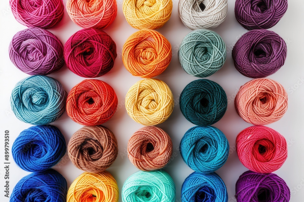 Poster brightly colored yarn rolls are neatly arranged in a grid formation against a white background, prov