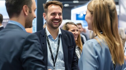 Obraz premium A man and two women at trade shows demonstrate products, effectively highlighting their features and benefits.