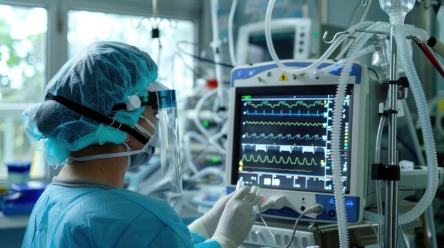 Artificial lung ventilation monitor in the intensive care unit. Nurse with medical equipment. Ventilation of the lungs with oxygen . Ai generated