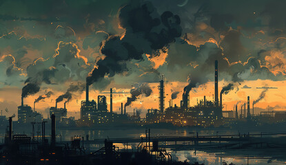 Oil Production Plant with Large Stacks Emitting Black Fumes into the Sky at Dusk, Symbolizing Global Carbon Emissions and Corporate Growth