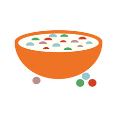 Grocery food illustration. Cartoon fruit and vegetables, meat, bakery, confectionery and dairy products, colorful elements for cooking. Supermarket list, diet plan concept