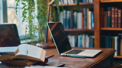 Workplace with laptop and book on desk