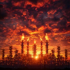 Fototapeta premium Dramatic Fiery Sunset Over Silhouetted Oil Refinery Machinery Powerful Industrial Scene