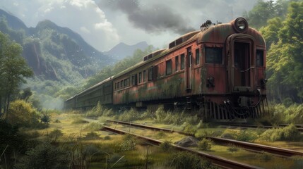 Obraz premium An abandoned, rusted train sits on overgrown tracks surrounded by lush forest and distant mountains. The scene evokes a sense of mystery and forgotten history, ideal for storytelling and adventure