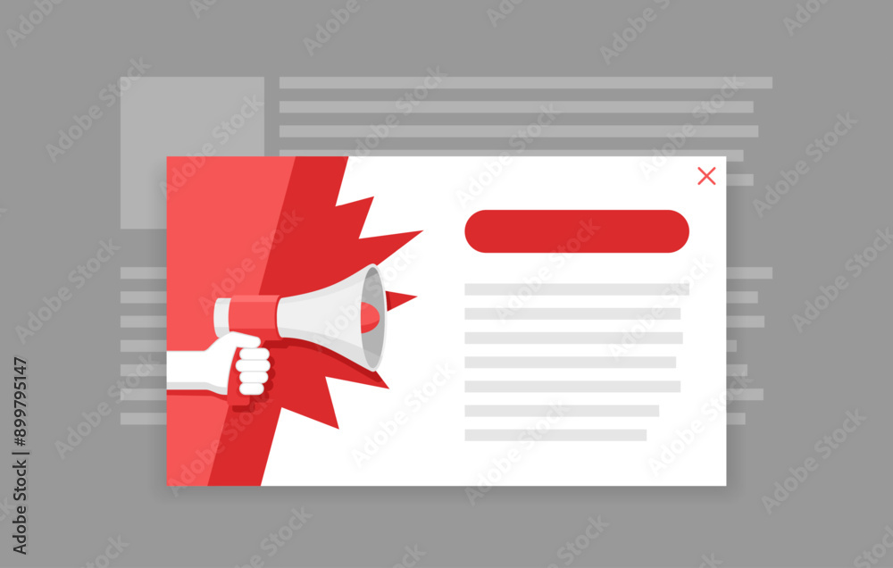 Wall mural announcement pop-up window template. loudspeaker, burst on background