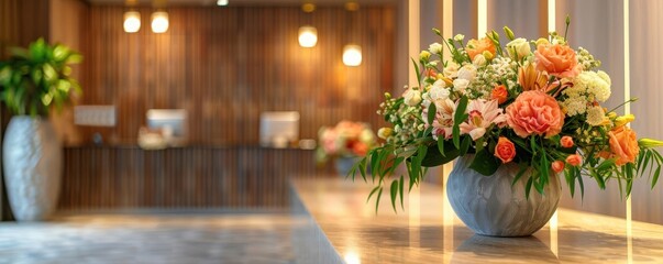 Fototapeta premium A bouquet of colorful flowers in a vase on a counter, with a blurred background.