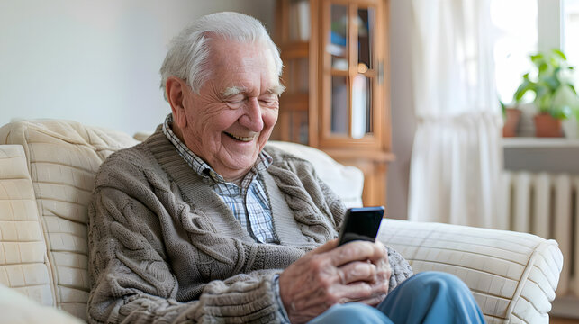 A smiling, elderly man looks at the smartphone in his hand while sitting on a light-colored couch against a light-colored living room backdrop. - Powered by Adobe