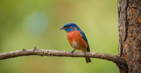 Fototapeta premium Exquisite Sunset Blue Orange Bird Standing on a Tree Captured in High-Quality Detail with Sony 300mm F/2.8