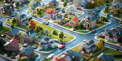 City Planner Coordinating Urban Expansion 3D Business Illustration Ensuring Sustainable Growth, Aerial view of a small town surrounded by trees Suitable for various cityscape and nature concepts, AI
