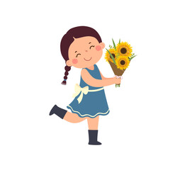 Cartoon little girl holding a bouquet of sunflowers
