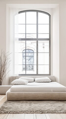 Luxury bedroom interiors composition with a large bed placed next to a window. Residential Real Estate conceptual image.