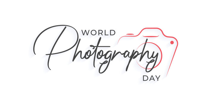 World Photography Day with Camera Icon. Hand drawn modern vector calligraphy. Simple inscription with swashes, wavy lettering text. 16 August Holiday greeting card and Social Media Cover