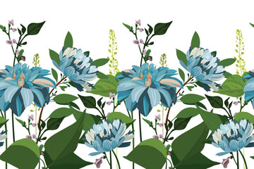 Vector floral seamless pattern, horizontal border. Blue flowers, green leaves