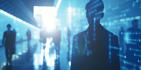 Businesspeople silhouettes against a backdrop of AI algorithms