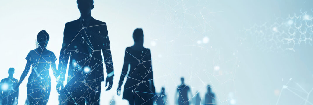 Businesspeople silhouettes against a backdrop of AI algorithms