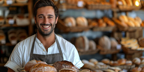 A baker in a white apron, holding a tray of freshly baked bread, standing in a bakery, smiling .