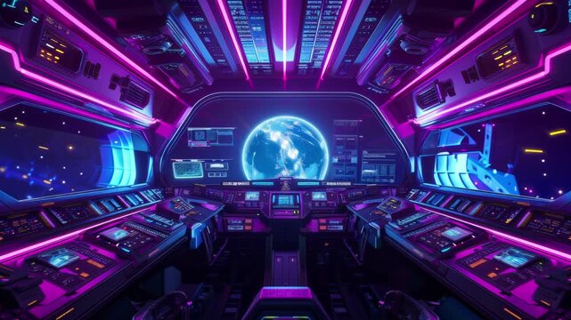 Futuristic synthwave spaceship interior with neon-lit controls and holograms. Seamless Loop Animation