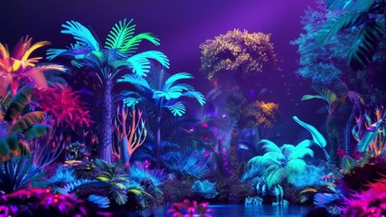 Neon jungle with trees and plants glowing in vibrant colors and futuristic animals. Seamless Loop Animation