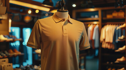 Fototapeta premium Mock up of brown polo shirt in shop, displayed on mannequin, shop background with clothes rack, Ai generated Images