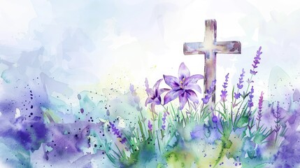 A painting of a cross and two purple flowers in a field