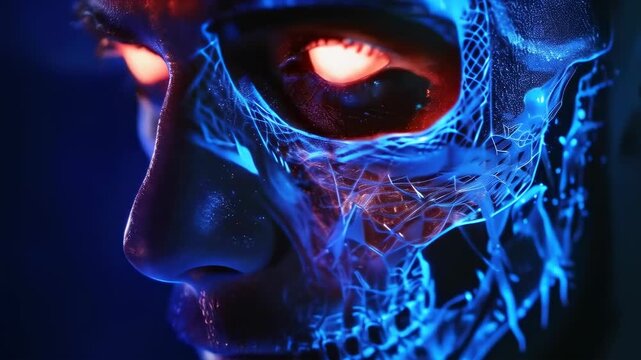 A close-up of a futuristic cyborg face with glowing red eyes and intricate neon blue details. The scene is dark, highlighting the illuminated mechanical features. The cyborg appears to be scanning or