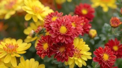 Close up photo of red and yellow mums