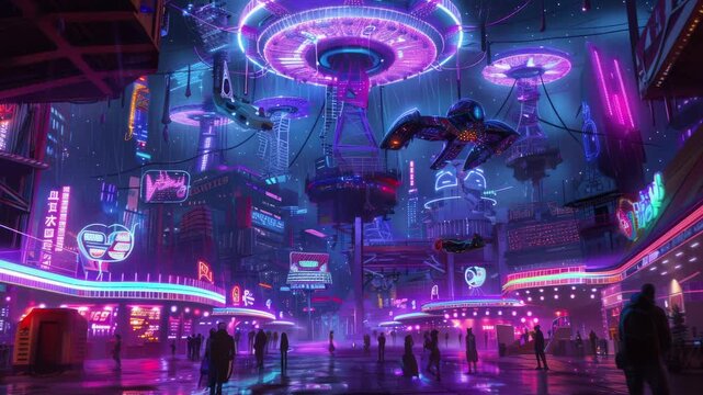Neon-lit synthwave carnival with futuristic rides and glowing attractions. Seamless Loop Animation