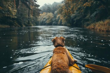 A golden retriever dog paddling a yellow kayak down a serene river, surrounded by lush green trees.