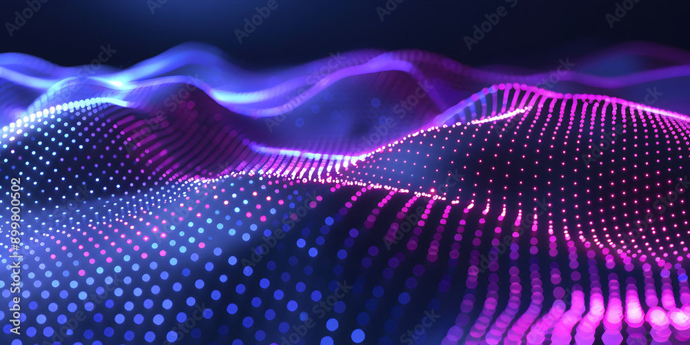 Wall mural abstract background in the form of many dots and particles. waves of dots in purple blue neon colors