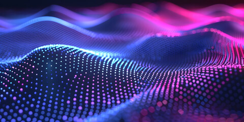 abstract background in the form of many dots and particles. waves of dots in purple blue neon colors