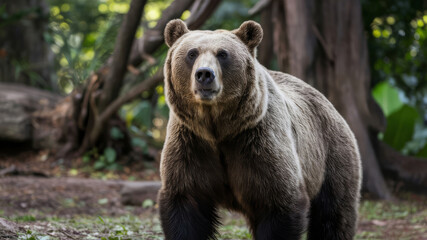 Fototapeta premium Close-up of a brown bear in its natural habitat, shot with a wide-angle lens. Wildlife photography.
