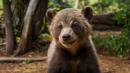 Fototapeta premium Close-up of a brown bear cub in its natural habitat, captured with a wide-angle lens. Wildlife photography.